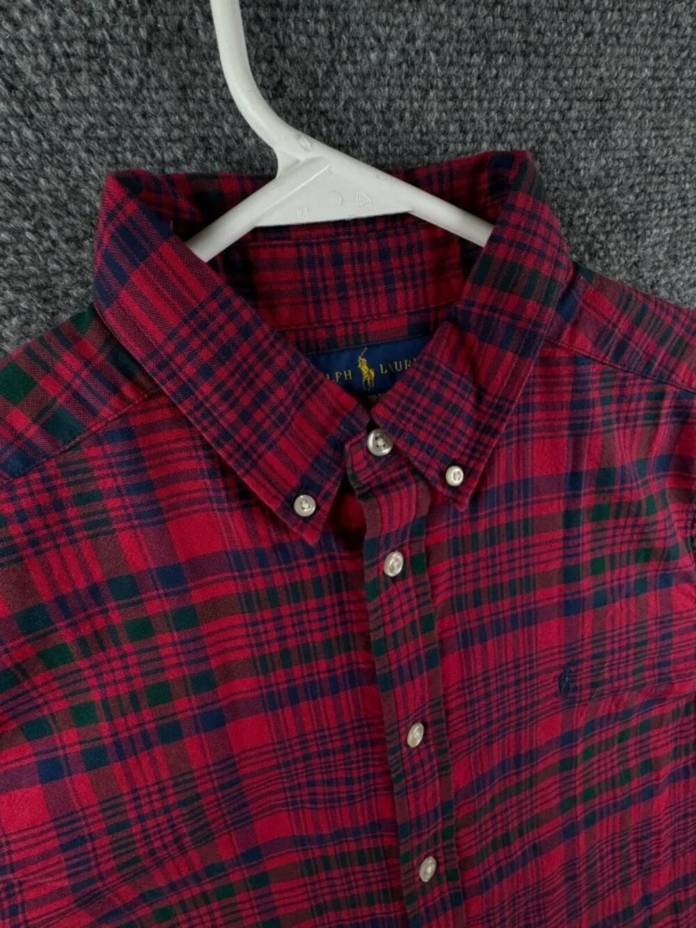Ralph Lauren Boys Long Sleeve Button Up Oxford Red Blue Plaid XL 18-20 Cotton